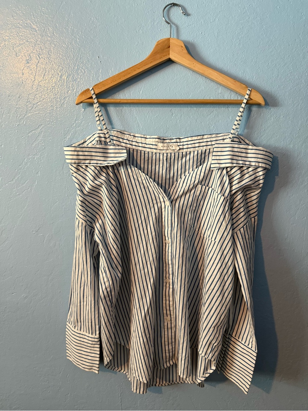 Mind Code Striped Off-Shoulder Button-Front Women’s Top - Blue & White